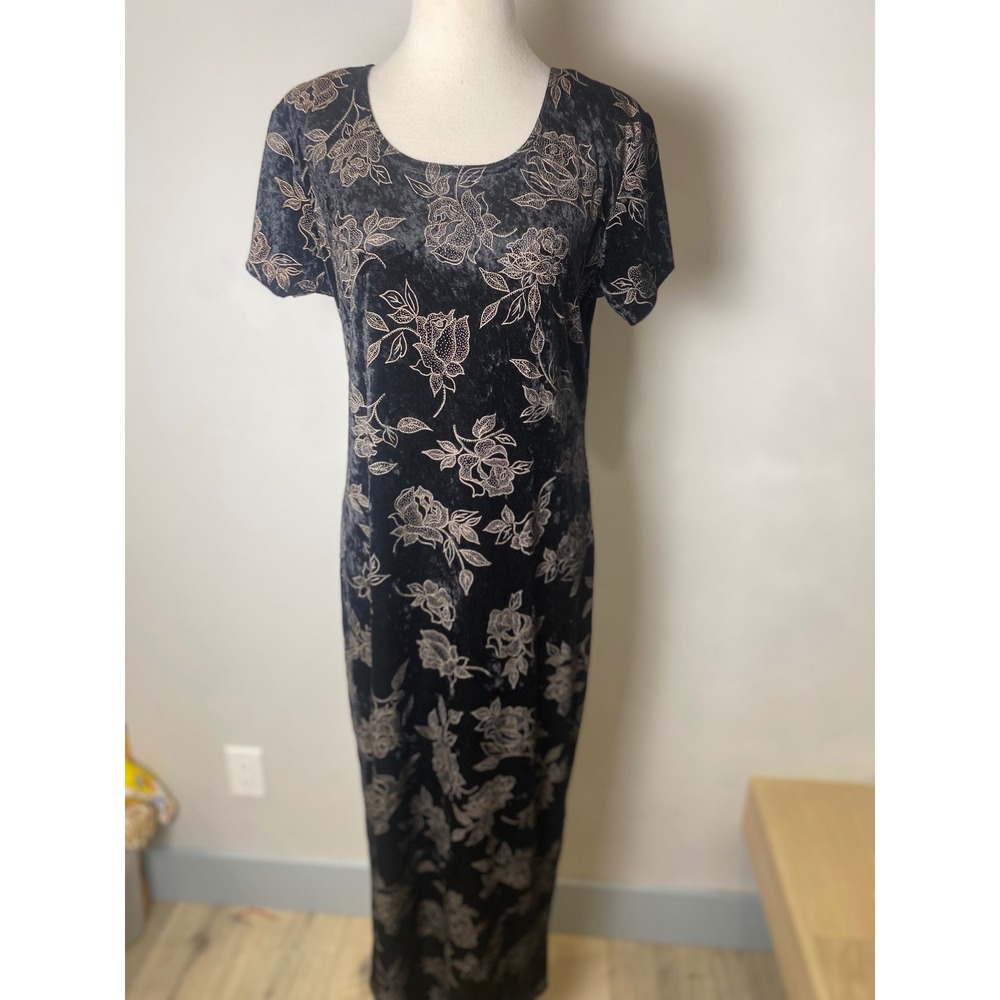 Vintage 90s No Boundaries Black Gold Floral Crushed Velvet Maxi Dress Large